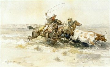 Bronk en un campamento de vacas 1898 Charles Marion Russell Pinturas al óleo